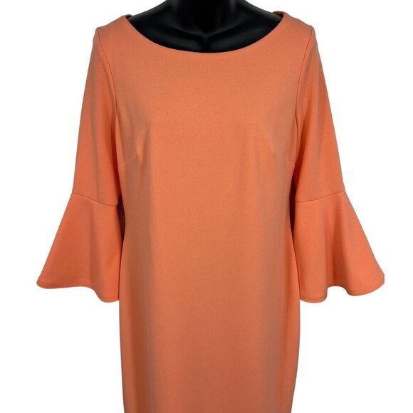 Calvin Klein Bell Sleeve Peach Dress Size 10 Women Sheath 3/4 Scoop Stretch New - Picture 2 of 9